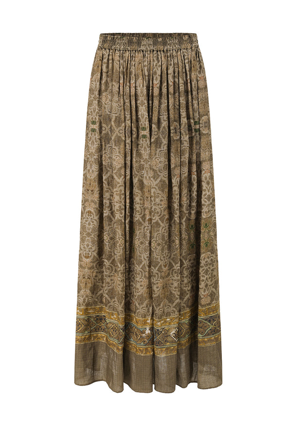 INTO THE EAST 25 Autumn and Winter Moss Green Dark Pattern Print Linen Skirt ITE-E1DGAW006GR21SK-LV Green